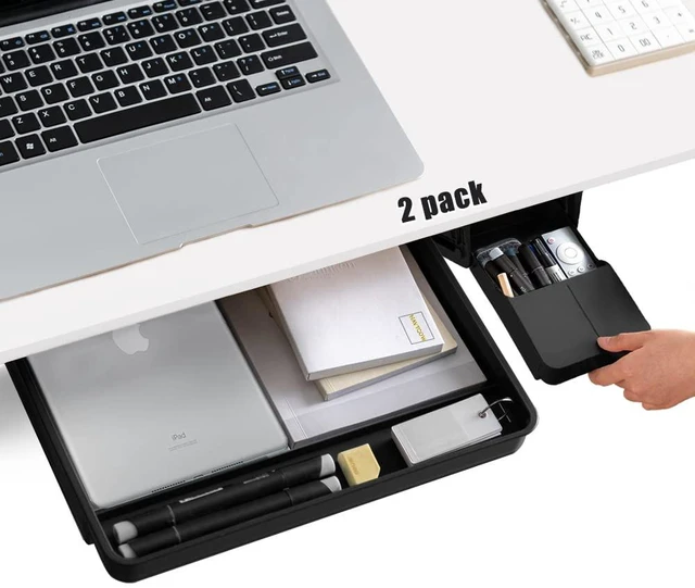 Main image of Under Desk Drawer Storage Organizer - 2 Pack (Large and Small) Black - (Please Note - Drawer Size/No Lip Under Desktop) - 2 Installation Methods (Screw or Adhesive)