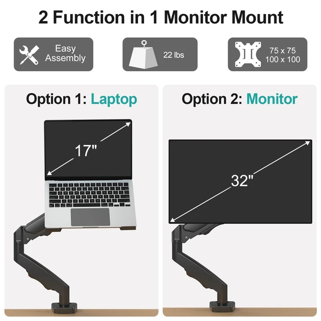 Alt view image 2 of 7 - MOUNT PRO Laptop Arm Mount for Desk, Fits Max 17" Notebook and 32" Monitors | 2 in 1 Function Monitor Laptop Stand Holds up to 19.8lbs, Aluminum Single Monitor Holder with Adjustable Tray