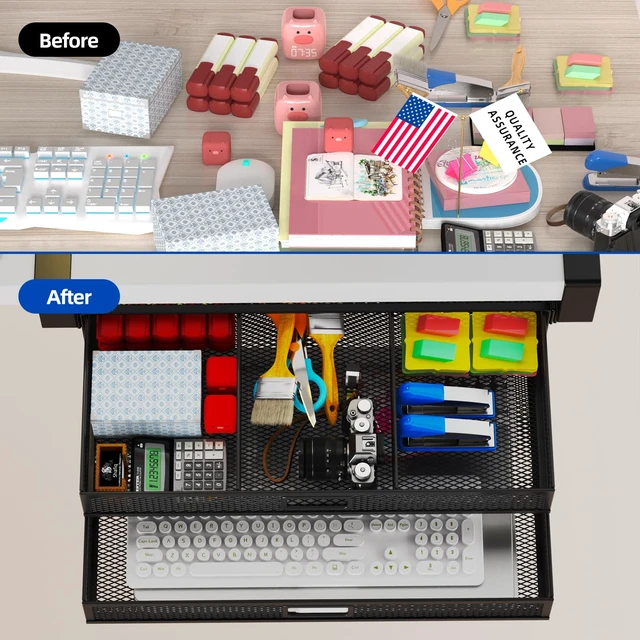 Alt view image 2 of 7 - Under Desk Drawer Organizer No Drilling 2 Slide Out Drawer Under Table Storage Drawer Clamp On Under Desk Management Drawer Organizer Suitable for Home and Office