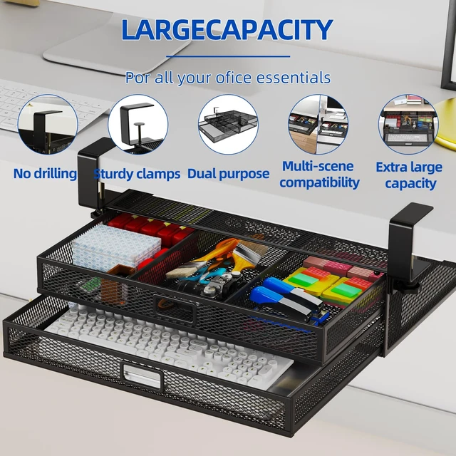 Alt view image 6 of 7 - Under Desk Drawer Organizer No Drilling 2 Slide Out Drawer Under Table Storage Drawer Clamp On Under Desk Management Drawer Organizer Suitable for Home and Office