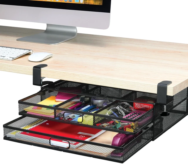 Main image of Homeify Under Desk Drawer Organizer Clamp-On, Mesh Metal Drawer Attachment, 2 Drawer Slide Out, On Or Under Desk Organizer For Office Supplies & Home Essentials (2 Drawers)