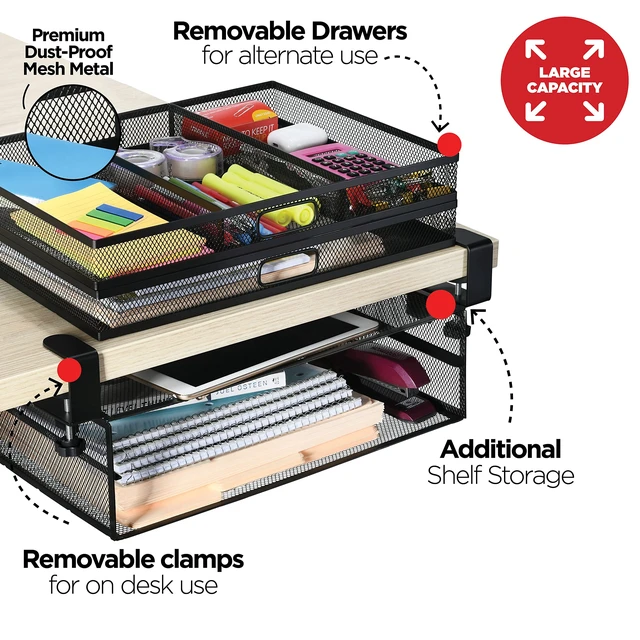 Alt view image 6 of 7 - Homeify Under Desk Drawer Organizer Clamp-On, Mesh Metal Drawer Attachment, 2 Drawer Slide Out, On Or Under Desk Organizer For Office Supplies & Home Essentials (2 Drawers)