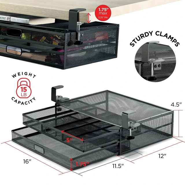 Alt view image 2 of 7 - Homeify Under Desk Drawer Organizer Clamp-On, Mesh Metal Drawer Attachment, 2 Drawer Slide Out, On Or Under Desk Organizer For Office Supplies & Home Essentials (2 Drawers)