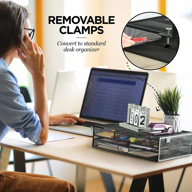 Alt view image 5 of 7 - Homeify Under Desk Drawer Organizer Clamp-On, Mesh Metal Drawer Attachment, 2 Drawer Slide Out, On Or Under Desk Organizer For Office Supplies & Home Essentials (2 Drawers)