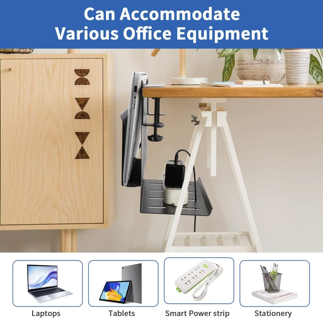 Alt view image 5 of 7 - LUKETURE Desk Side Storage,11-4/5" Power Strip Cable Management Tray | 2-in-1 Steel Laptop Stand with Cable Organizer, no drilling. Built-in cable tray hides cords. Holds 22 lbs, Office and Home