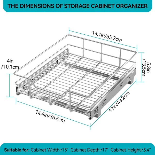 Alt view image 2 of 7 - Pull Out Cabinet Organizer 15" W X 17" D, Chromed, Full Slide Out Drawers | For Kitchen Organizers and Storage, Pull Out Drawers For Cabinets Capacity Heavy Duty Caddy Cabinet Shelves, Bathroom Pantry