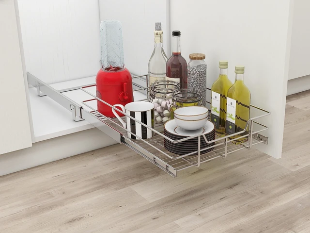 Alt view image 7 of 7 - Pull Out Cabinet Organizer 15" W X 17" D, Chromed, Full Slide Out Drawers | For Kitchen Organizers and Storage, Pull Out Drawers For Cabinets Capacity Heavy Duty Caddy Cabinet Shelves, Bathroom Pantry