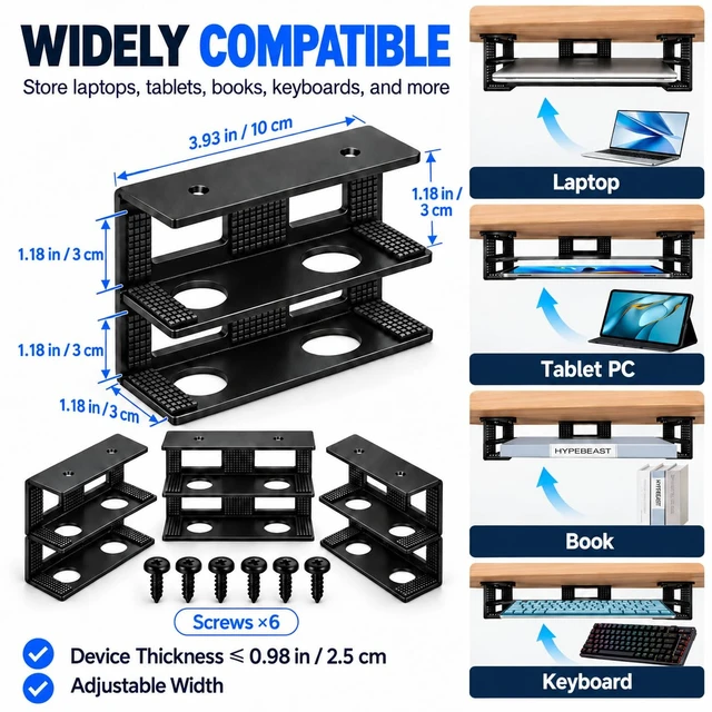 Alt view image 2 of 5 - Dual Tier Under Desk Laptop Mount | Holder for MacBook Pro, Surface, Tablets, Up to 1.18 inch Thick, Anti-Scratch Silicone Pads, Screw-on Installation