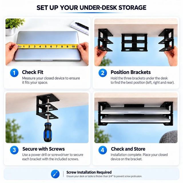 Alt view image 3 of 5 - Dual Tier Under Desk Laptop Mount | Holder for MacBook Pro, Surface, Tablets, Up to 1.18 inch Thick, Anti-Scratch Silicone Pads, Screw-on Installation