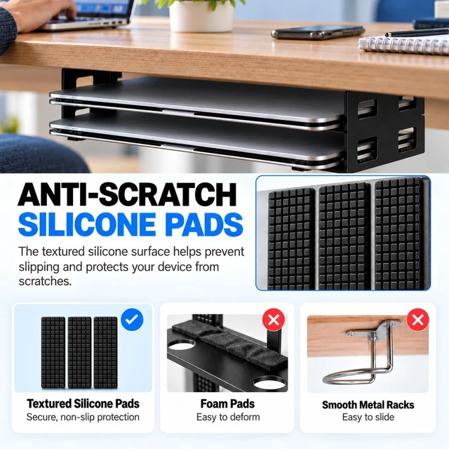 Alt view image 5 of 5 - Dual Tier Under Desk Laptop Mount | Holder for MacBook Pro, Surface, Tablets, Up to 1.18 inch Thick, Anti-Scratch Silicone Pads, Screw-on Installation