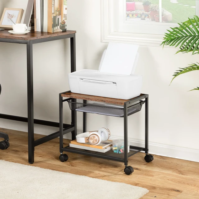 Alt view image 2 of 7 - HOOBRO Under Desk Printer Stand, Industrial Printer Cart with Storage Shelf, 2-Tier Mobile Printer Table on Wheels, Heavy Duty Machine Storage Rack for Office and Home Rustic Brown + Black BF12PS01