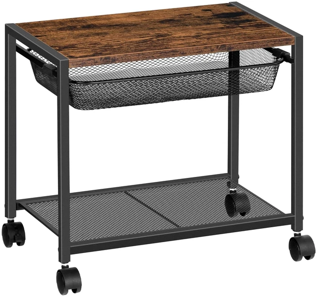 Main image of HOOBRO Under Desk Printer Stand, Industrial Printer Cart with Storage Shelf, 2-Tier Mobile Printer Table on Wheels, Heavy Duty Machine Storage Rack for Office and Home Rustic Brown + Black BF12PS01