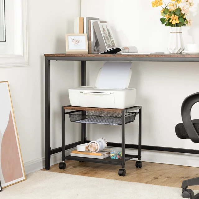 Alt view image 3 of 7 - HOOBRO Under Desk Printer Stand, Industrial Printer Cart with Storage Shelf, 2-Tier Mobile Printer Table on Wheels, Heavy Duty Machine Storage Rack for Office and Home Rustic Brown + Black BF12PS01