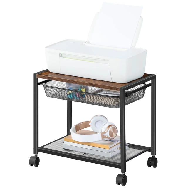 Alt view image 4 of 7 - HOOBRO Under Desk Printer Stand, Industrial Printer Cart with Storage Shelf, 2-Tier Mobile Printer Table on Wheels, Heavy Duty Machine Storage Rack for Office and Home Rustic Brown + Black BF12PS01