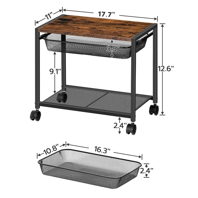 Alt view image 5 of 7 - HOOBRO Under Desk Printer Stand, Industrial Printer Cart with Storage Shelf, 2-Tier Mobile Printer Table on Wheels, Heavy Duty Machine Storage Rack for Office and Home Rustic Brown + Black BF12PS01