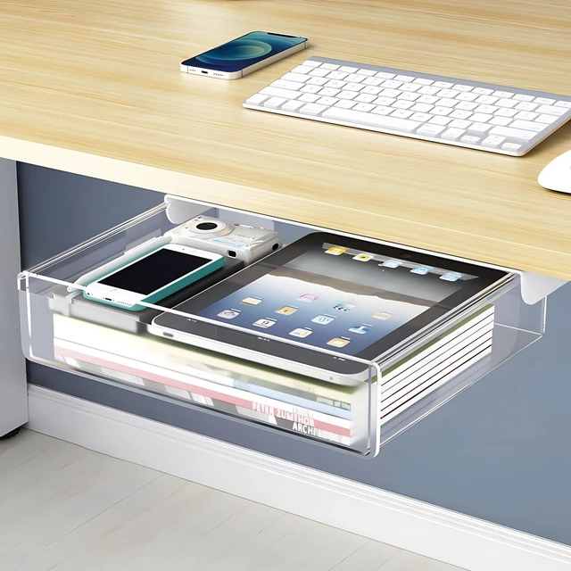Main image of SVNNELP Large Under Desk Table Drawer Storage Organizer A4,Desk Accessories & Workspace Organizers,Hidden Self-Adhesive Under Table Pencil Tray Drawer for Office(Clear White)