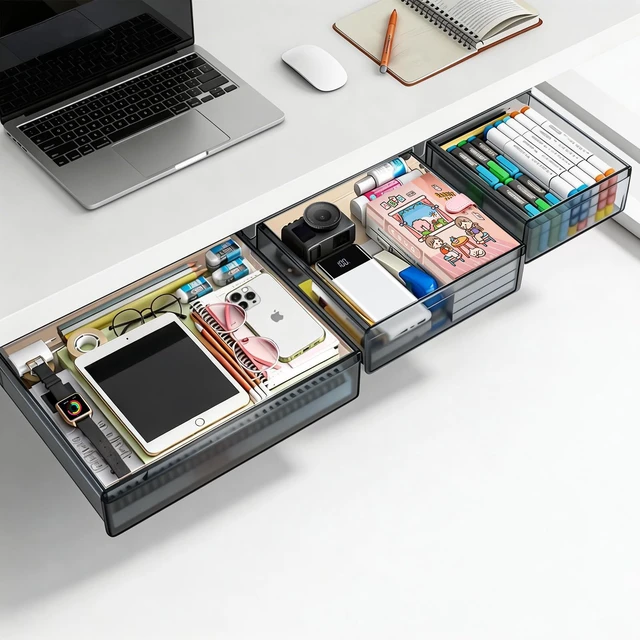 Main image of 3 Pack Under Desk Drawer Slide Out Storage Organizer, Transparent Black Hidden Desktop Drawer Attachment with 3 Sizes (S/M/L), Adhesive or Screw-Mount Table Tray for iPads, Journals & Desk Accessories