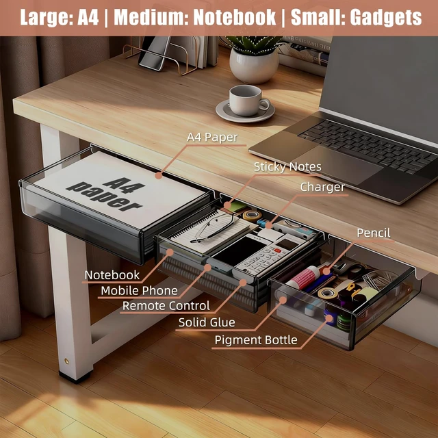Alt view image 4 of 7 - 3 Pack Under Desk Drawer Slide Out Storage Organizer, Transparent Black Hidden Desktop Drawer Attachment with 3 Sizes (S/M/L), Adhesive or Screw-Mount Table Tray for iPads, Journals & Desk Accessories