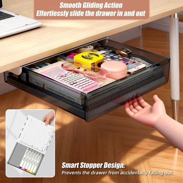 Alt view image 6 of 7 - 3 Pack Under Desk Drawer Slide Out Storage Organizer, Transparent Black Hidden Desktop Drawer Attachment with 3 Sizes (S/M/L), Adhesive or Screw-Mount Table Tray for iPads, Journals & Desk Accessories