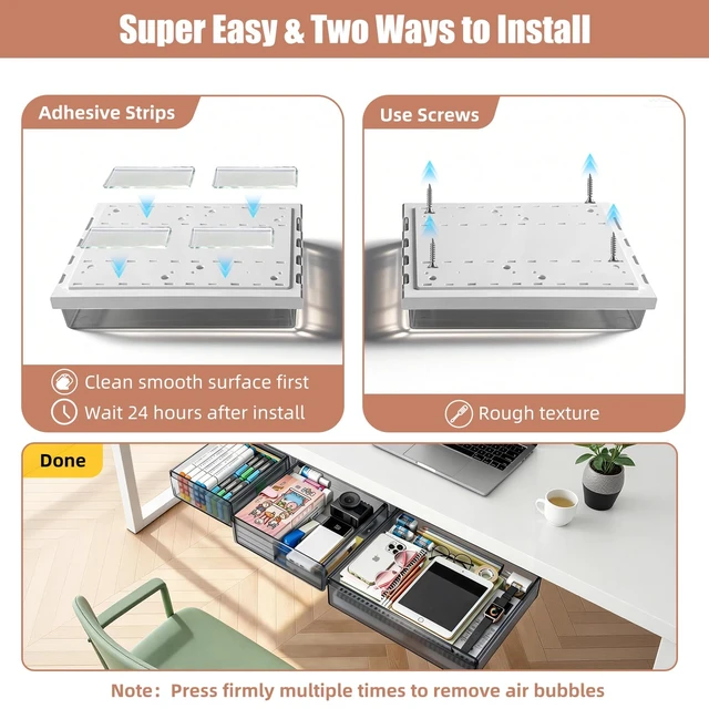 Alt view image 7 of 7 - 3 Pack Under Desk Drawer Slide Out Storage Organizer, Transparent Black Hidden Desktop Drawer Attachment with 3 Sizes (S/M/L), Adhesive or Screw-Mount Table Tray for iPads, Journals & Desk Accessories