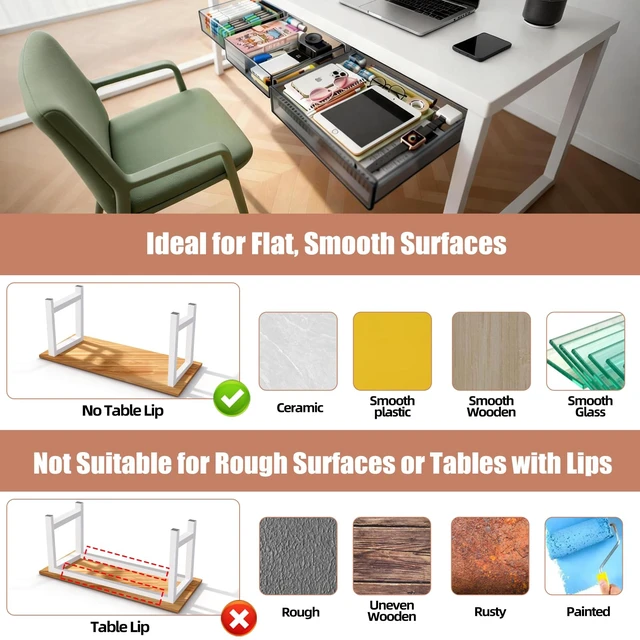 Alt view image 5 of 7 - 3 Pack Under Desk Drawer Slide Out Storage Organizer, Transparent Black Hidden Desktop Drawer Attachment with 3 Sizes (S/M/L), Adhesive or Screw-Mount Table Tray for iPads, Journals & Desk Accessories