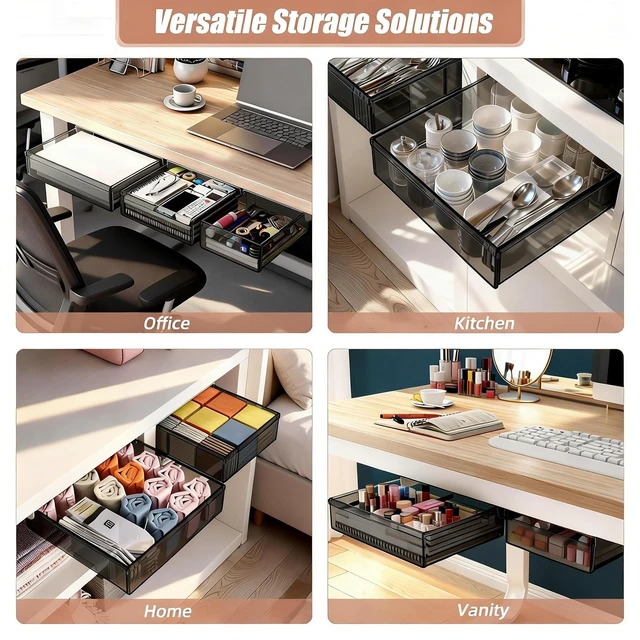Alt view image 2 of 7 - 3 Pack Under Desk Drawer Slide Out Storage Organizer, Transparent Black Hidden Desktop Drawer Attachment with 3 Sizes (S/M/L), Adhesive or Screw-Mount Table Tray for iPads, Journals & Desk Accessories