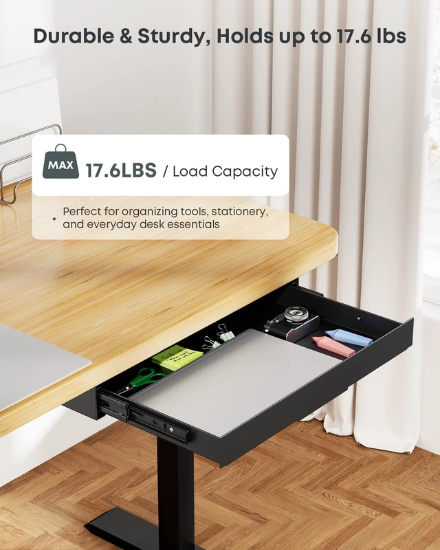 Alt view image 3 of 7 - Under Desk Storage Drawer, 14.8" Wide Slide Out Under Desk Drawer | Max Load 17.6 Lbs, Quiet Glide, for Standing Desks & Home Offices, Heavy Duty Steel, Black