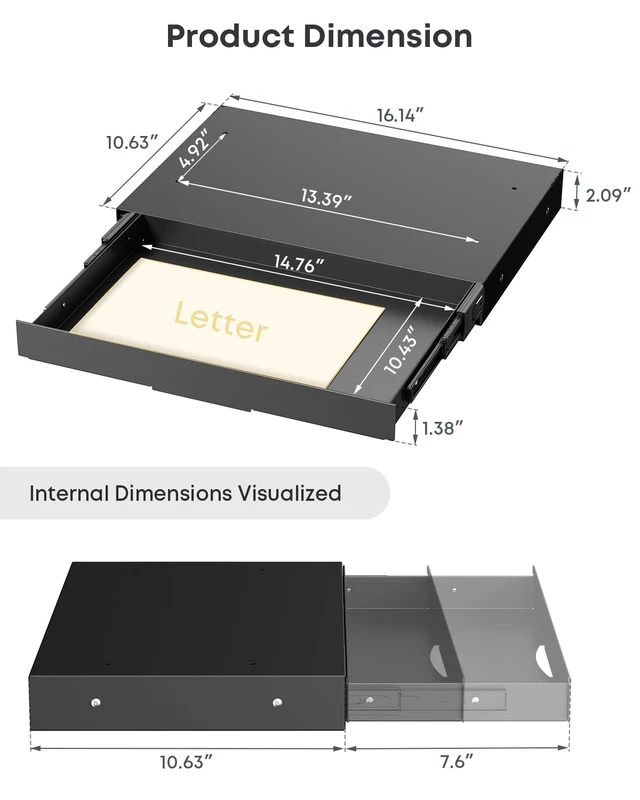 Alt view image 6 of 7 - Under Desk Storage Drawer, 14.8" Wide Slide Out Under Desk Drawer | Max Load 17.6 Lbs, Quiet Glide, for Standing Desks & Home Offices, Heavy Duty Steel, Black