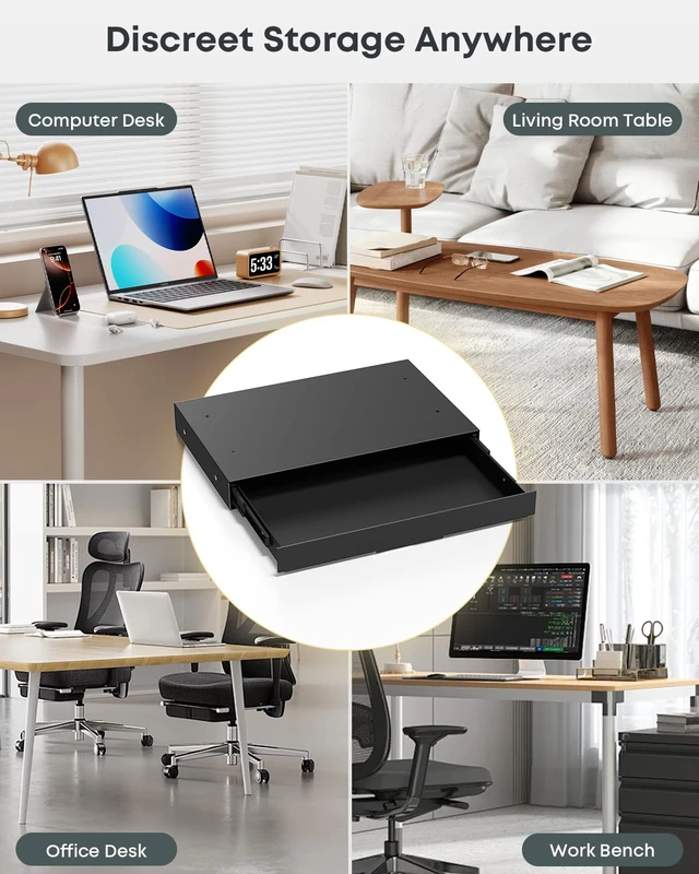 Alt view image 7 of 7 - Under Desk Storage Drawer, 14.8" Wide Slide Out Under Desk Drawer | Max Load 17.6 Lbs, Quiet Glide, for Standing Desks & Home Offices, Heavy Duty Steel, Black