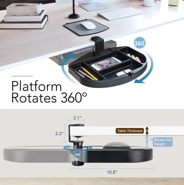 Alt view image 3 of 7 - EHO Clamp-On Desk Organizer, Multifunctional with Pencil Drawer, Mouse Pad Storage, Swivel, Spill-Proof, Under Desk Storage, Easy Installation, Reduces Clutter, TAA-Compliant