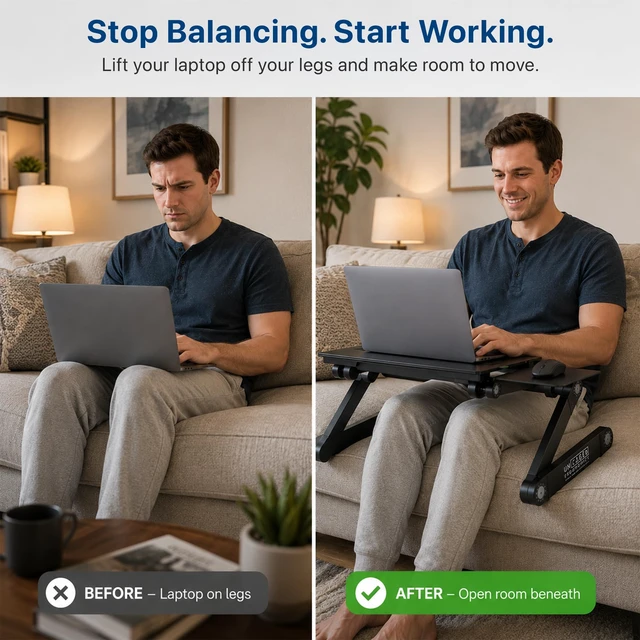 Alt view image 4 of 7 - Uncaged Ergonomics XL Adjustable Laptop Stand, Cooling Riser (Black) | 18x11" panel adjusts 2-18" high, 12 lb capacity ambidextrous mouse pad, cooling holes, fits 10-17" laptops.