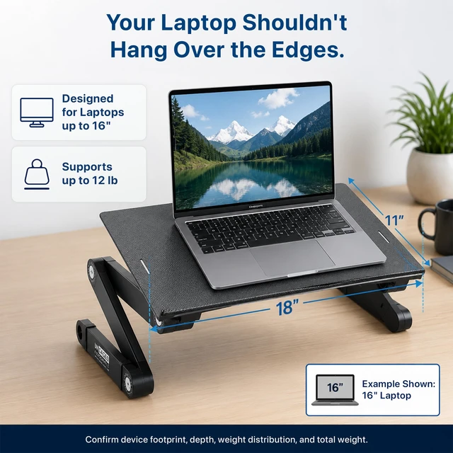 Alt view image 5 of 7 - Uncaged Ergonomics XL Adjustable Laptop Stand, Cooling Riser (Black) | 18x11" panel adjusts 2-18" high, 12 lb capacity ambidextrous mouse pad, cooling holes, fits 10-17" laptops.