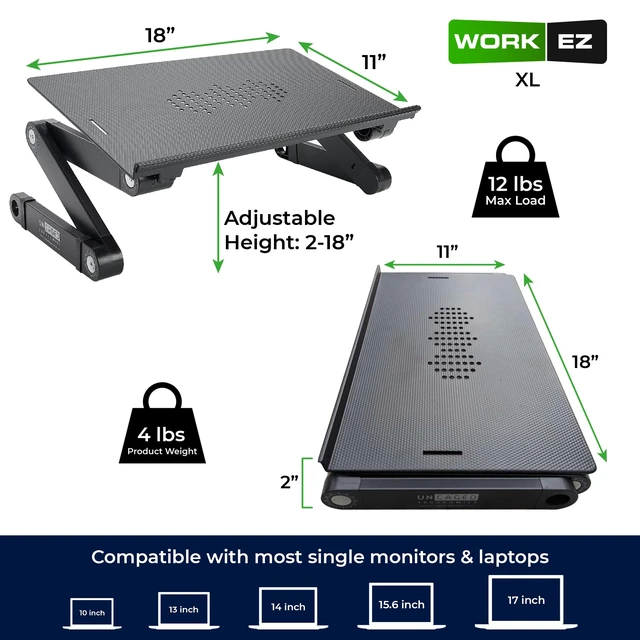 Alt view image 3 of 7 - Uncaged Ergonomics XL Adjustable Laptop Stand, Cooling Riser (Black) | 18x11" panel adjusts 2-18" high, 12 lb capacity ambidextrous mouse pad, cooling holes, fits 10-17" laptops.