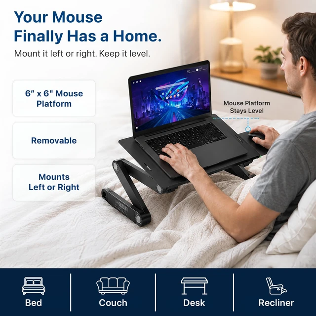 Alt view image 6 of 7 - Uncaged Ergonomics XL Adjustable Laptop Stand, Cooling Riser (Black) | 18x11" panel adjusts 2-18" high, 12 lb capacity ambidextrous mouse pad, cooling holes, fits 10-17" laptops.