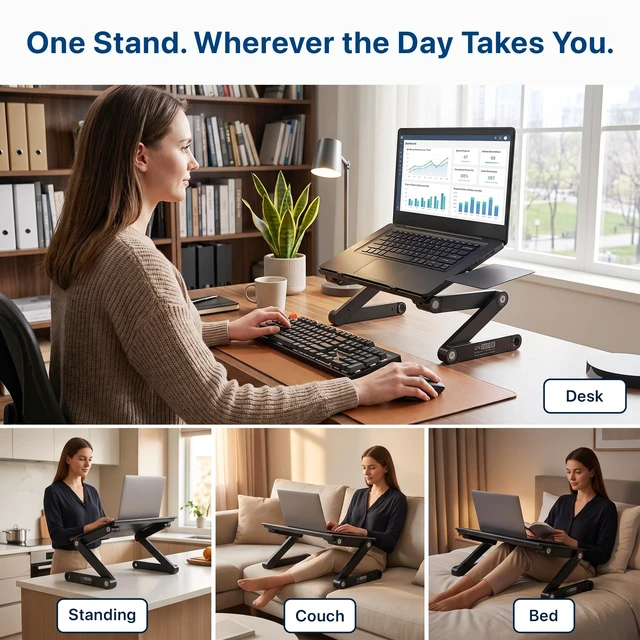 Alt view image 7 of 7 - Uncaged Ergonomics XL Adjustable Laptop Stand, Cooling Riser (Black) | 18x11" panel adjusts 2-18" high, 12 lb capacity ambidextrous mouse pad, cooling holes, fits 10-17" laptops.