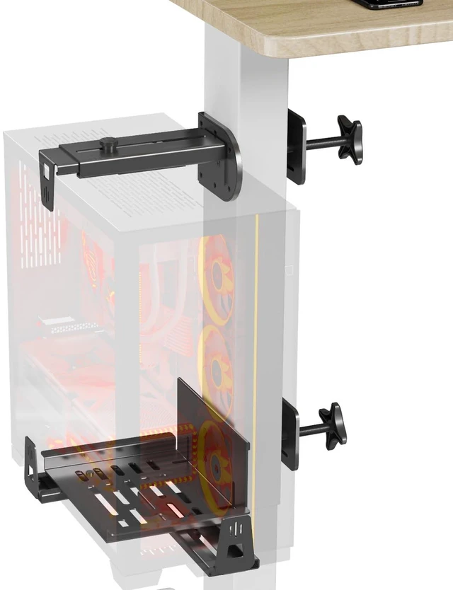 Main image of worker Under Desk PC Mount with Protective Arms, Clamp-On Leg CPU Mount | No Drilling, Clamp-On Desk Leg, Black Adjustable Standing Desk PC Mount Holds Up to 44lbs, Under Desk Computer Tower Holder