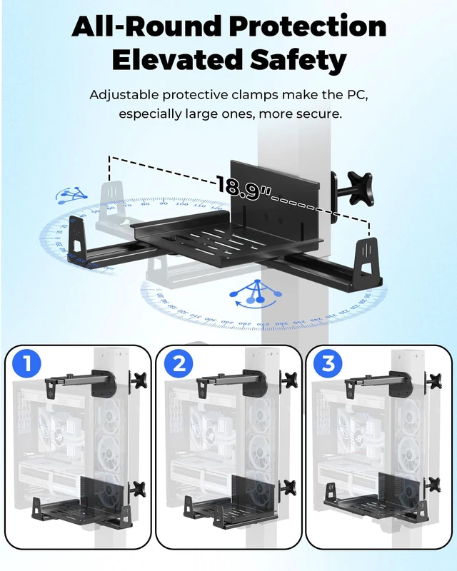 Alt view image 4 of 7 - worker Under Desk PC Mount with Protective Arms, Clamp-On Leg CPU Mount | No Drilling, Clamp-On Desk Leg, Black Adjustable Standing Desk PC Mount Holds Up to 44lbs, Under Desk Computer Tower Holder