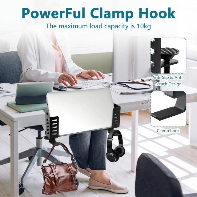 Alt view image 3 of 7 - QUYLIXX Desk Laptop Stand,No-Drill Desktop Mount,Hanging Holder for Desk - Clamp Storage for Laptops/Book/Keyboards/Headphone/Backpack Black