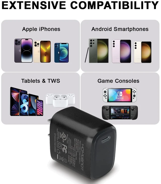 Alt view image 5 of 7 - HomeSpot 2-in-1 USB-C to USB-C Cable 2M (6.6ft) with Lightning Adapter & 20W UL-Listed USB-C PD Wall Charger, MFi Certified, Fast Charging for iPhone, iPad & Galaxy Phones