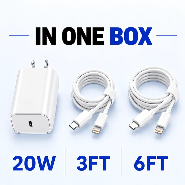 Alt view image 6 of 6 - 20W Fast Charger for iPhone, 2 Lightning Cables, 3FT & 6FT, USB C Charger | For iPhone 14/13/12/11 Series, SE, XS, XR & X | Lightning Charger, iPhone Charger Cord, USB C to Lightning Cable