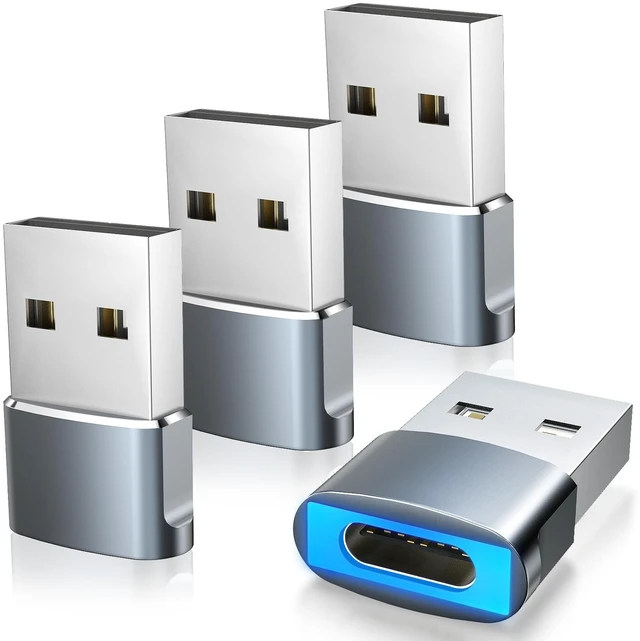 Main image of TiMOVO USB to USB C Adapter with LED Light with 27W Fast Charging, Grey | 4 Pack USB A Male to USB C Female Adapter for iPhone 17/16/15 Pro Max Plus, AirPods, iWatch, iPad, Galaxy S25, CarPlay