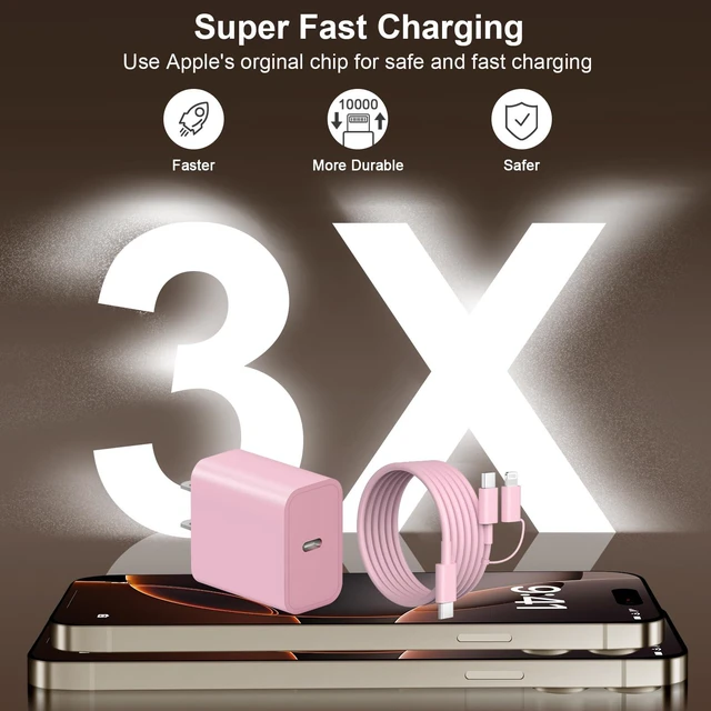 Alt view image 2 of 7 - 10FT iPhone Charger Fast Charging 3+3Pack 20W USB C Charger Block | Type C Cable & Lightning Cable Extra Long Cord Compatible with iPhone 17/16/15/14/13/12/11/Pro/Pro Max/AirPods