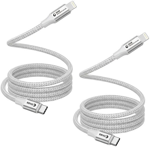 Main image of OXAA USB C to Lightning Cable (MFi) 1m (3.3ft), 30W PD Fast Charging Magnetic Braided Cord, Suitable for iPhone 14 13 12 11 Pro Max, Plus, SE, iPad, AirPods, 480Mbps Data Sync, 2 Pack, Silver