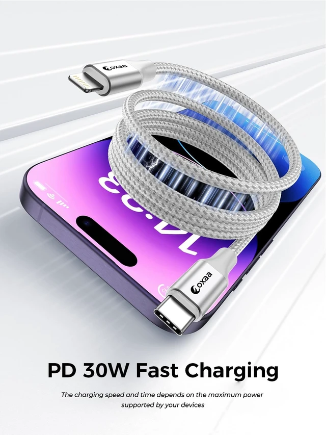 Alt view image 4 of 7 - OXAA USB C to Lightning Cable (MFi) 1m (3.3ft), 30W PD Fast Charging Magnetic Braided Cord, Suitable for iPhone 14 13 12 11 Pro Max, Plus, SE, iPad, AirPods, 480Mbps Data Sync, 2 Pack, Silver