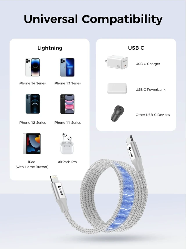 Alt view image 7 of 7 - OXAA USB C to Lightning Cable (MFi) 1m (3.3ft), 30W PD Fast Charging Magnetic Braided Cord, Suitable for iPhone 14 13 12 11 Pro Max, Plus, SE, iPad, AirPods, 480Mbps Data Sync, 2 Pack, Silver
