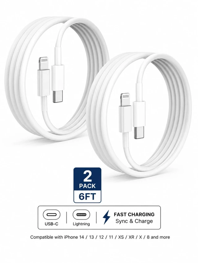 Alt view image 2 of 5 - Auxera USB-C to Lightning Cable, 2-Pack, 6 ft, White | 2-Pack 6 ft Charging Cables
