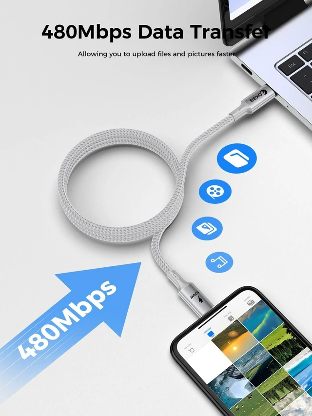 Alt view image 2 of 6 - OXAA MFi Certified USB C to Lightning Cable 2m (6.6ft), 100W PD Fast Charging Magnetic Braided Cord, Suitable for iPhone 14 13 12 11 Pro Max, Plus, SE, iPad, AirPods, 480Mbps Data Sync, Silver