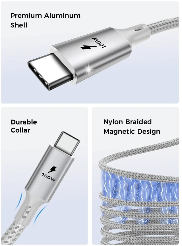 Alt view image 3 of 6 - OXAA MFi Certified USB C to Lightning Cable 2m (6.6ft), 100W PD Fast Charging Magnetic Braided Cord, Suitable for iPhone 14 13 12 11 Pro Max, Plus, SE, iPad, AirPods, 480Mbps Data Sync, Silver