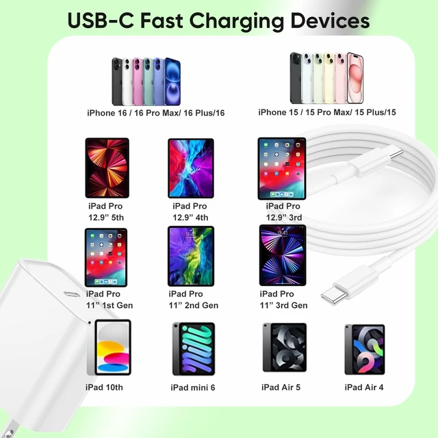 Alt view image 6 of 7 - USBC Charger for iPhone 17/16/15 Charger Fast Charging,2Pack 20W Apple Plug | 2Pack 20W Apple Fast TypeC Wall Chargers USBC Charging Cable Cord for iPhone17 Pro Max/Air/16 Pro/15Plus/iPad Pro/Air/Mini