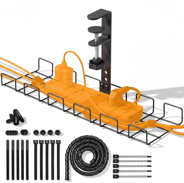 Main image of JANEX Under Desk Cable Management Tray Kit, No Drill Clamp-On Cable Organizer for Desk, Wire Cord Management Tray with Cable Sleeve, Cable Clips, Ties & Velcro Strips, Black